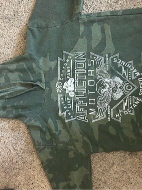 Affliction Green Camo Crop Top with White Motorcycle Graphic